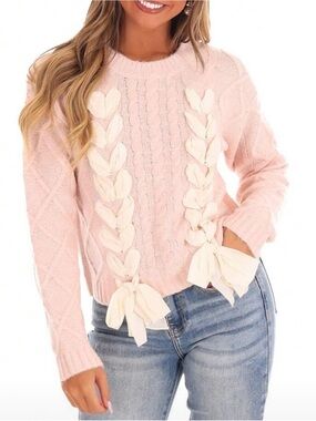 Women's Blush Pink Cable Knit Sweater with Ribbon Braid